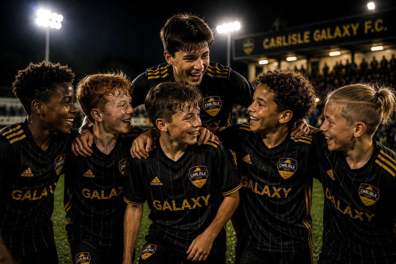 Carlisle Galaxy youth football players celebrating together