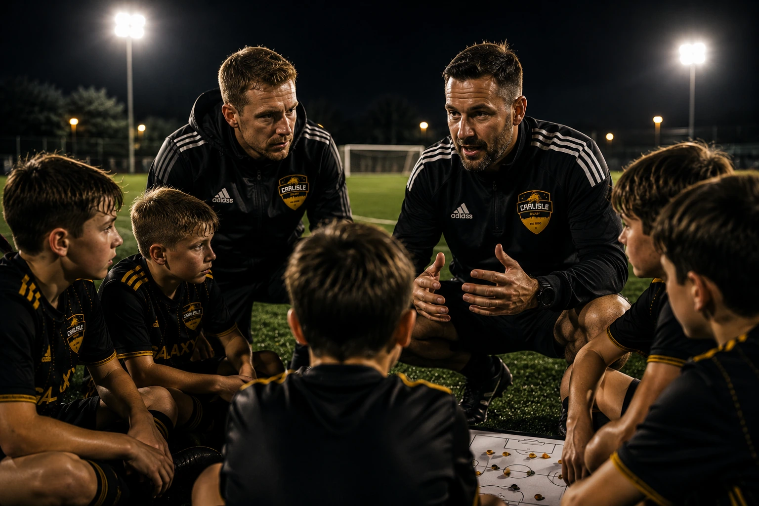 Carlisle Galaxy coaches with youth football players